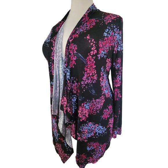 Lane Bryant Cardigan 18/20 Black Pink Floral Open Front Waterfall Excellent - Picture 4 of 8